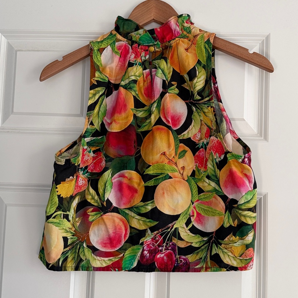 Maeve by Anthropologie Poplin Ruffle-Neck Halter Tank Fruit Tropical Print XS - Picture 6 of 13